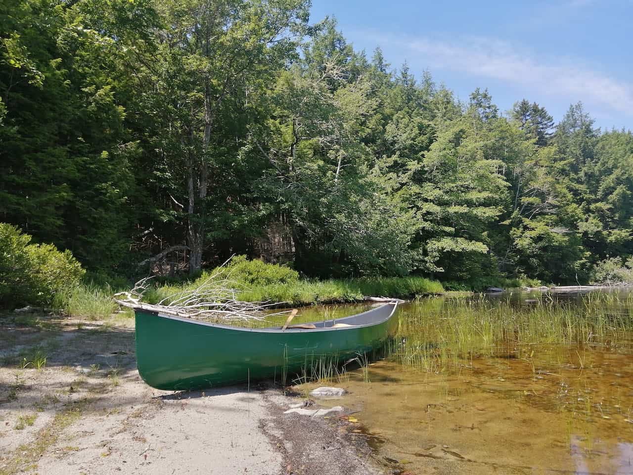 A green canone on a sandy beach with woodland in the background